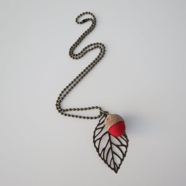 Seconds- Needle Felted Acorn Leaf Necklace