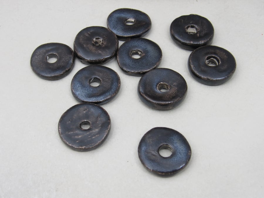 10 Medium Dark Earth Glazed Ceramic Washer Beads