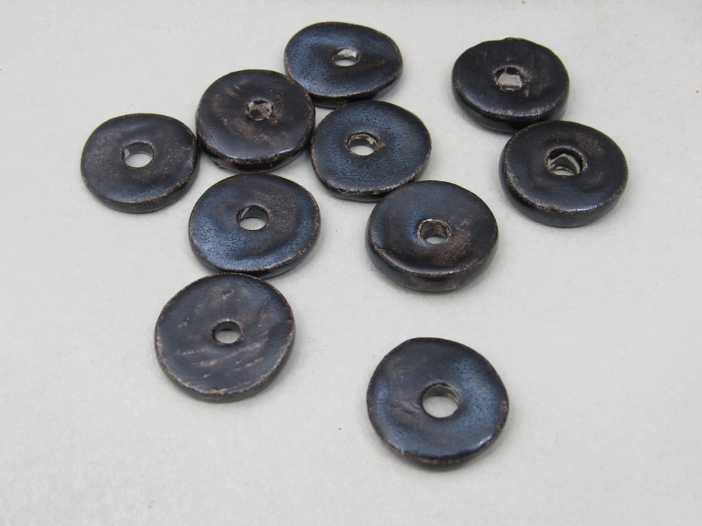 10 Medium Dark Earth Glazed Ceramic Washer Beads