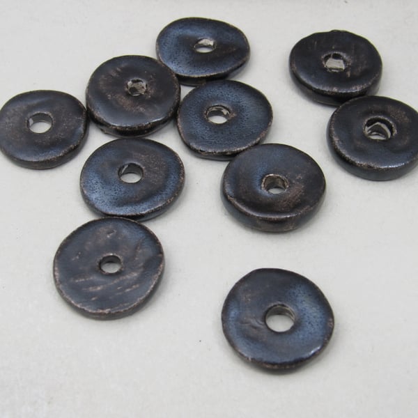 10 Medium Dark Earth Glazed Ceramic Washer Beads