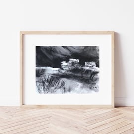 Peak District Art: Moorland landscape, ORIGINAL drawing, Sheffield gift