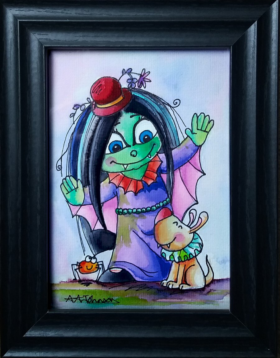The Happy Vampire, watercolour art illustration in black halloween frame