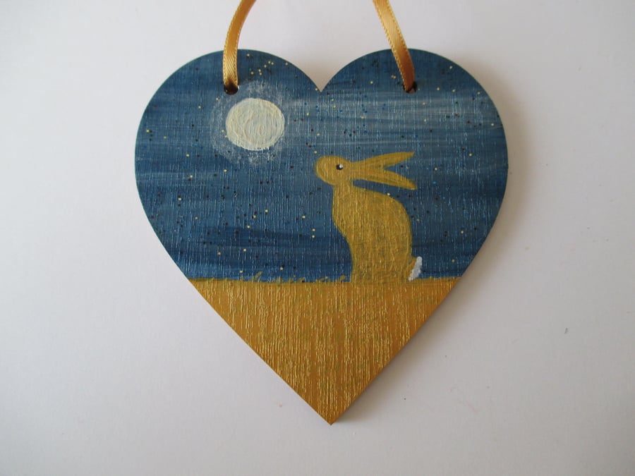 Bunny Rabbit Hanging Decoration Hand Painted Wooden Heart Golden Hare Bunny 002