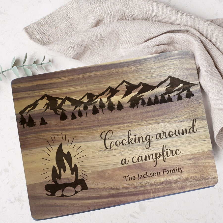 Camper Van Mountain Personalised Chopping Board Kitchen Campfire Wooden Cutting 