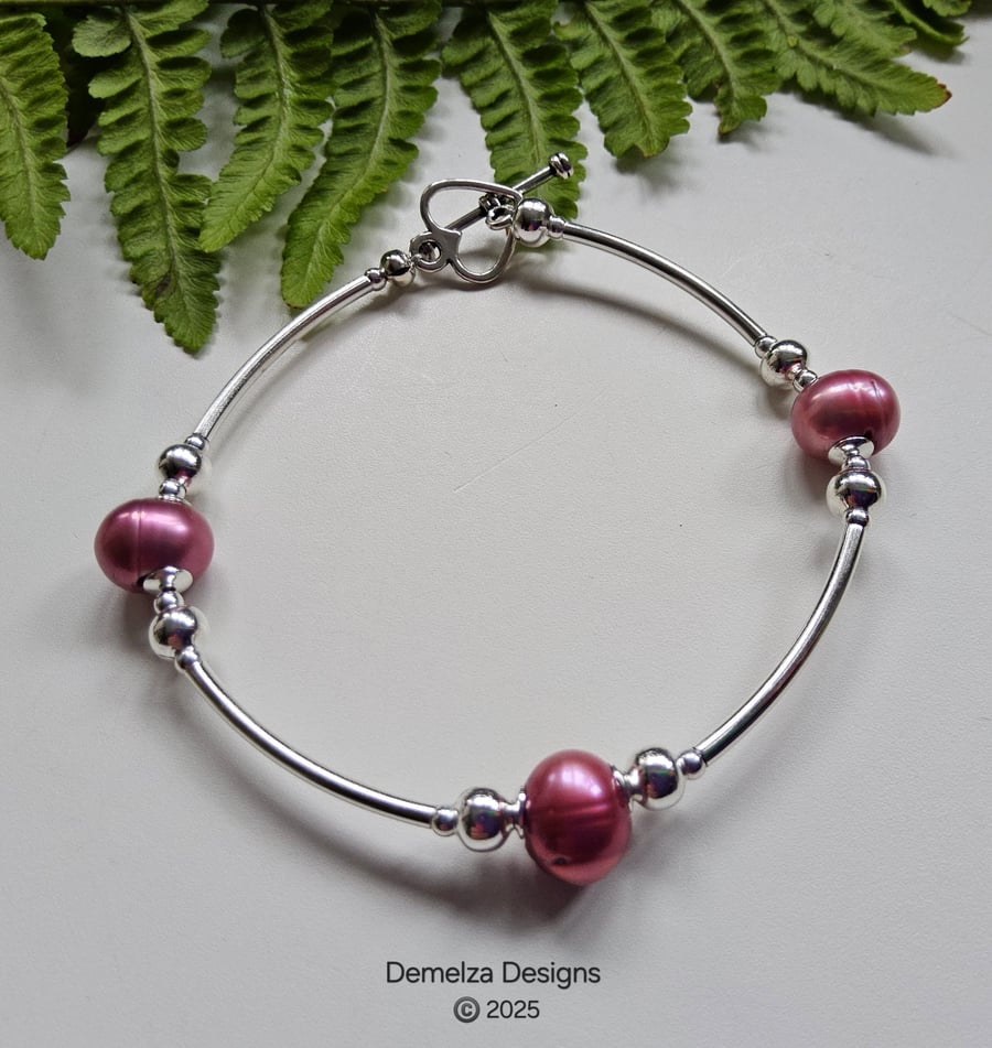 Deep Pink Baroque Freshwater  Pearl Minamilistic Bangle Bracelet Silver Plated