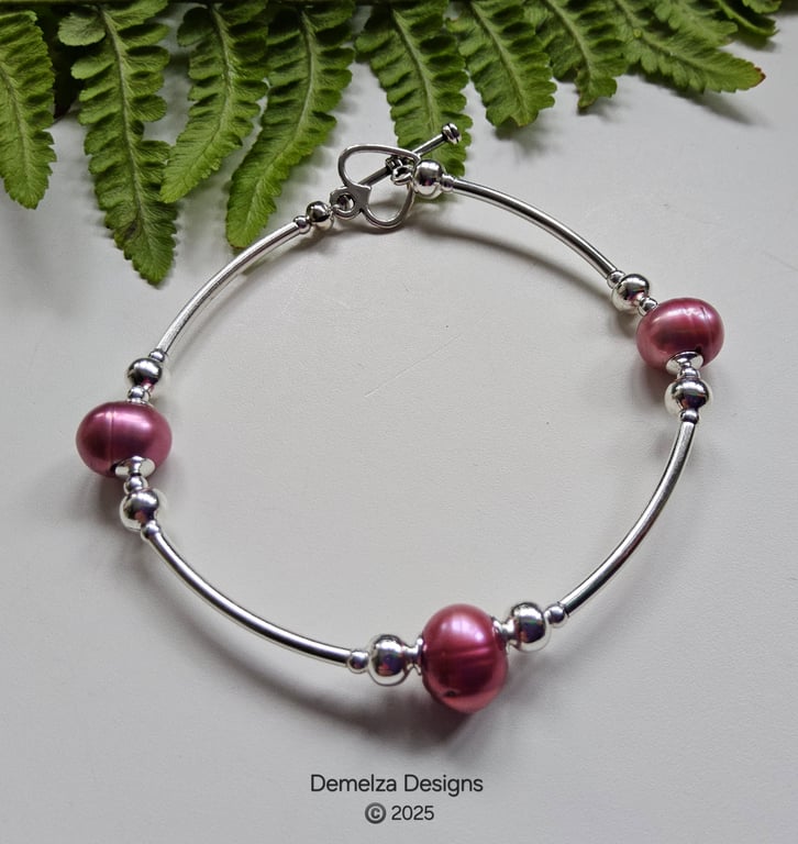 Deep Pink Baroque Freshwater  Pearl Minamilistic Bangle Bracelet Silver Plated