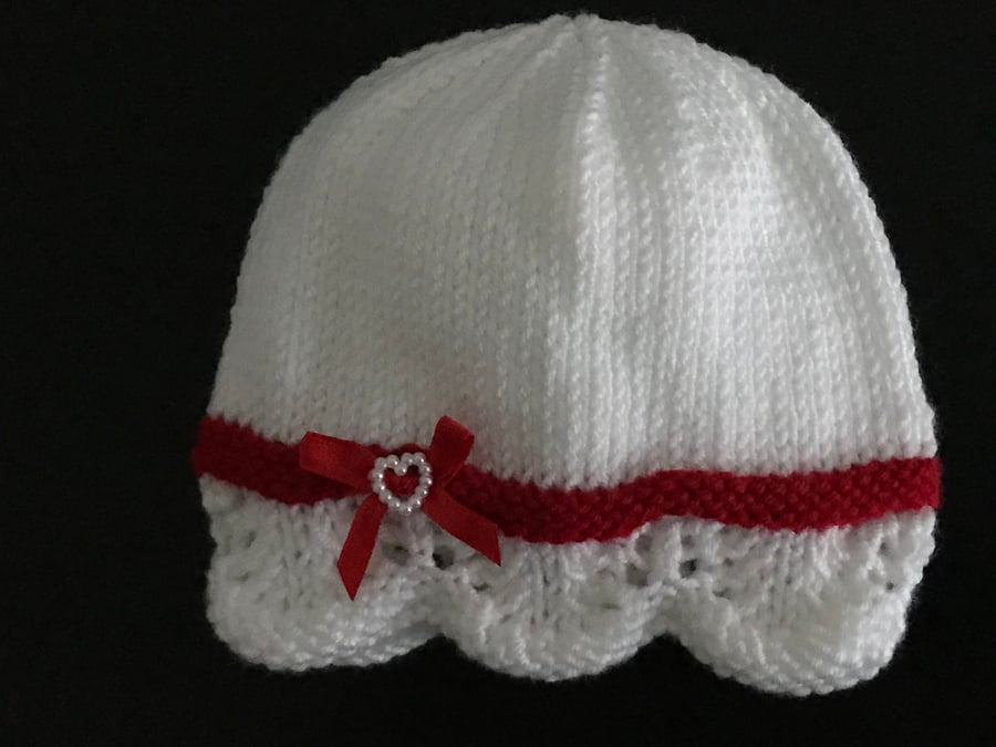 Hand Knitted White and Red Girl's Christmas  Hat, Size 0 - 3 Months