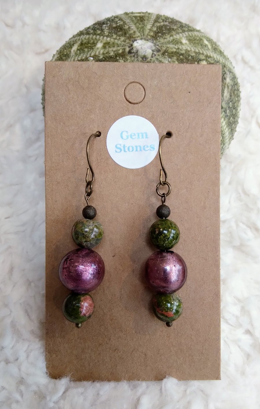 Smooth UNAKITE and bronze foiled GLASS beaded bronze EARRINGS