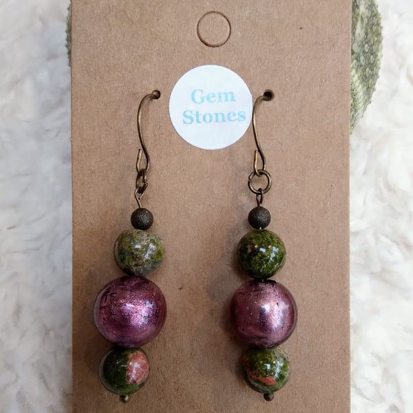 Smooth UNAKITE and bronze foiled GLASS beaded bronze EARRINGS