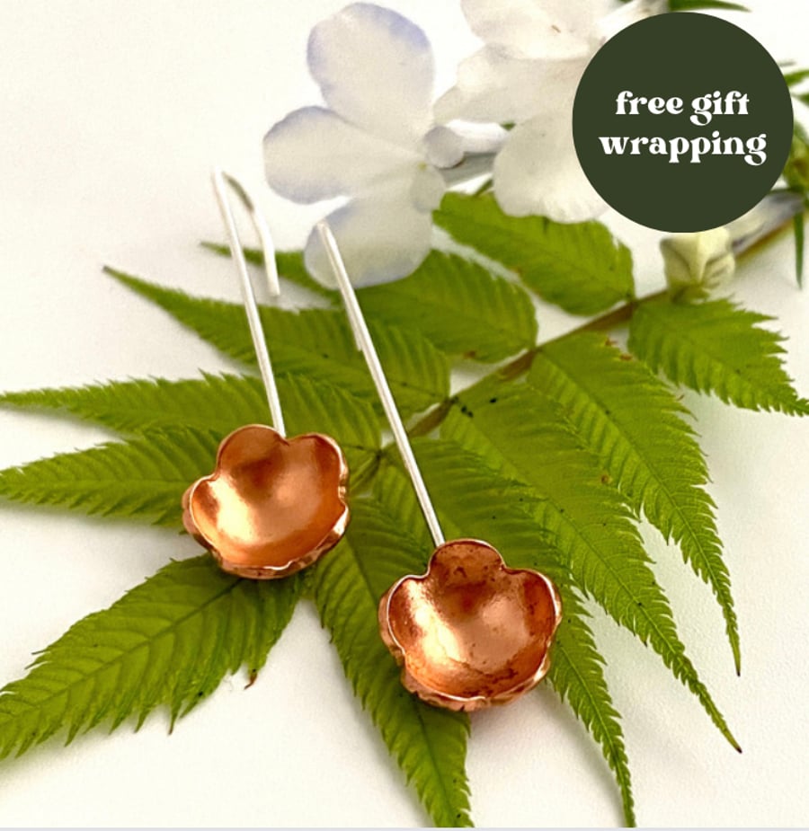 Little Flowers Sterling Silver, Copper Drop Earrings - Handmade by metalsmith 