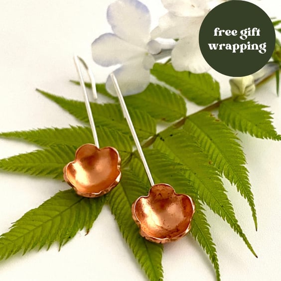 Little Flowers Sterling Silver, Copper Drop Earrings - Handmade by metalsmith 