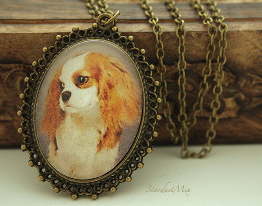 Necklace long chain,retro,vintage "I love my Cavalier king Charles Spaniel dog" 