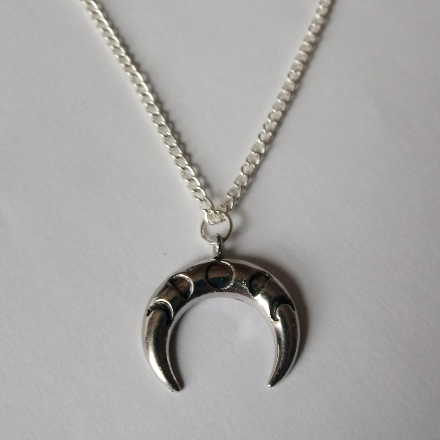 Crescent Moon Phase Silver Plate Horns Necklace