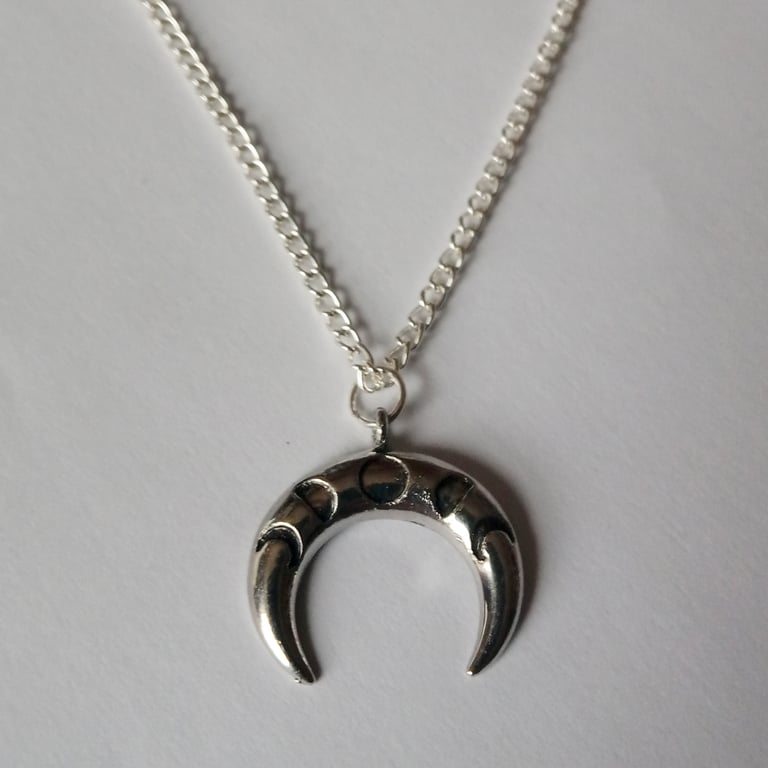 Crescent Moon Phase Silver Plate Horns Necklace