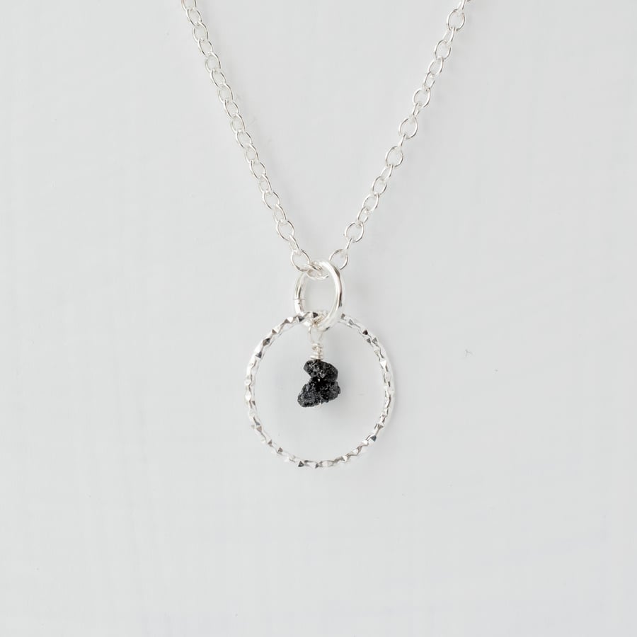 Black Diamond with Sterling Silver Slim Circle Pendant Necklace