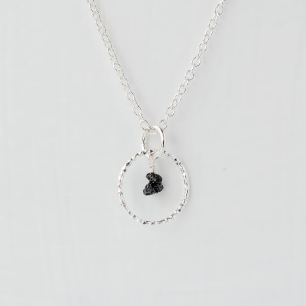 Black Diamond with Sterling Silver Slim Circle Pendant Necklace