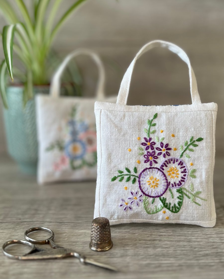 Vintage Floral Embroidered Linen Lavender Bag