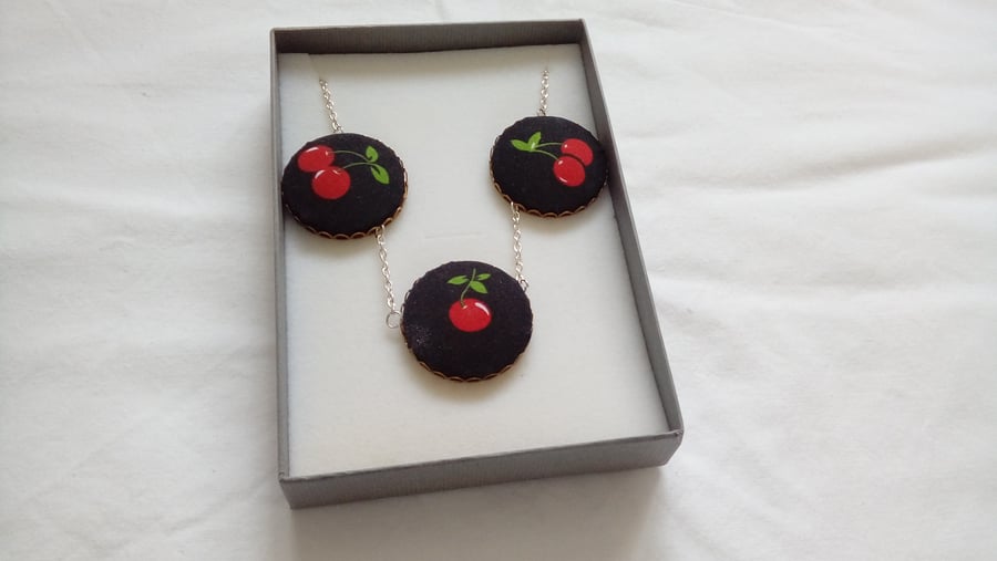 Cherry Fabric Covered Button Triple Pendant