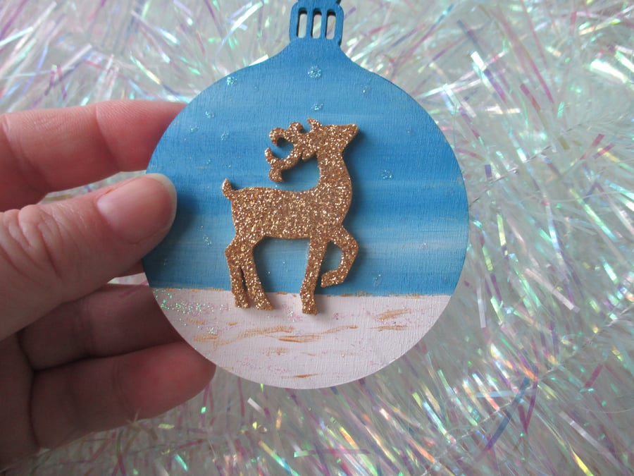 Stag Deer Winter Scene Christmas Tree Decoration Hand Painted Wooden