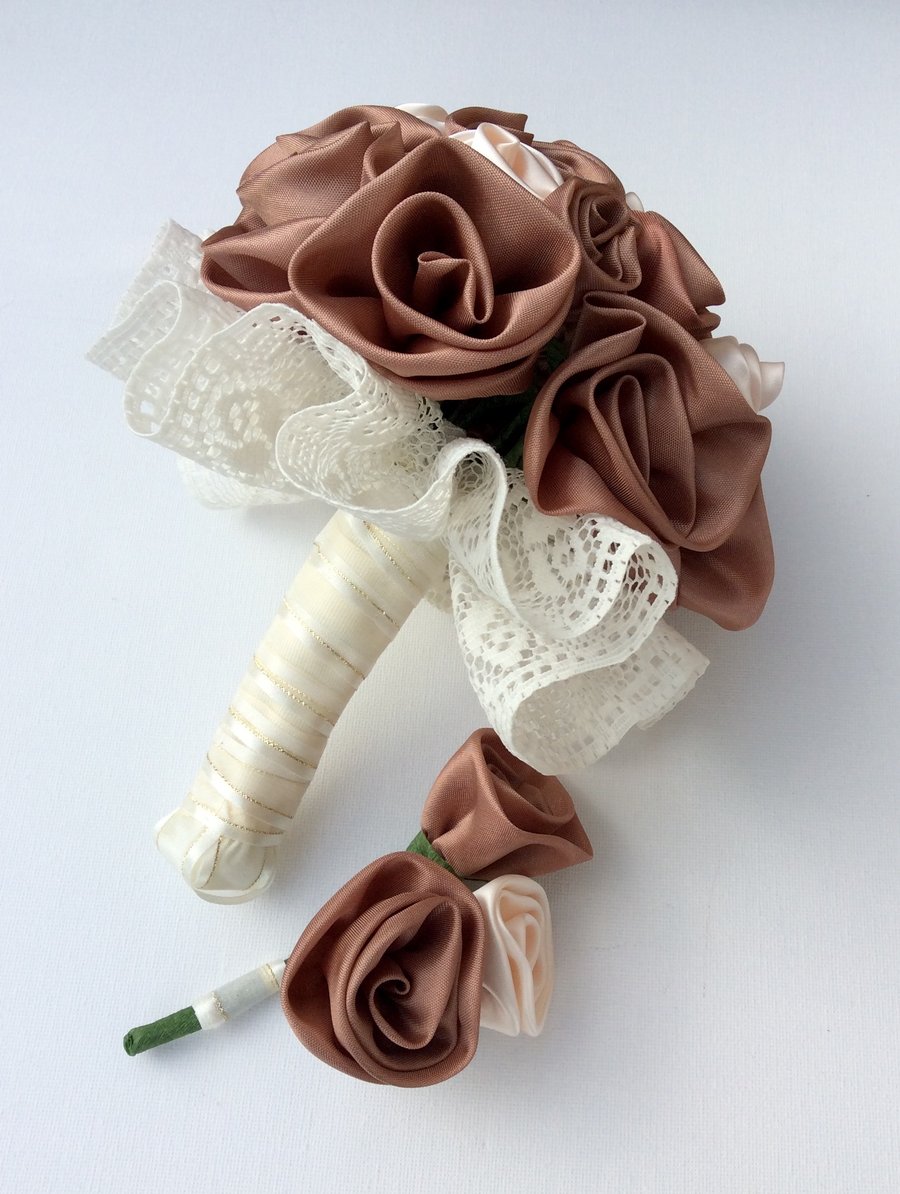 Bride's bouquet, groom's buttonhole, rose gold, blush pink, handmade roses