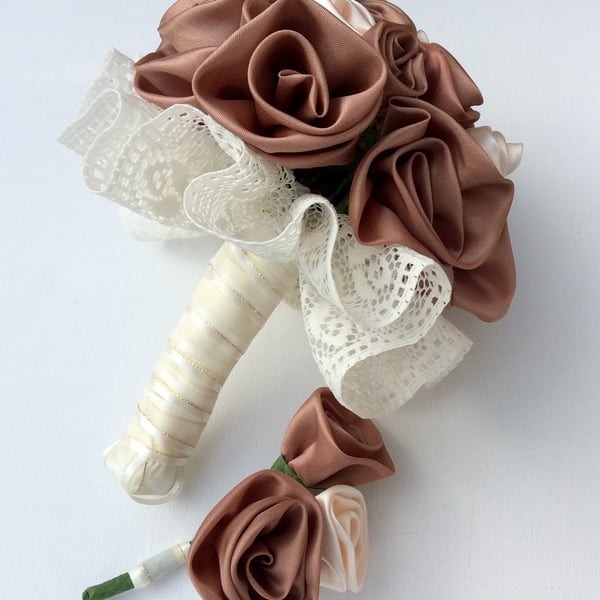 Bride's bouquet, groom's buttonhole, rose gold, blush pink, handmade roses