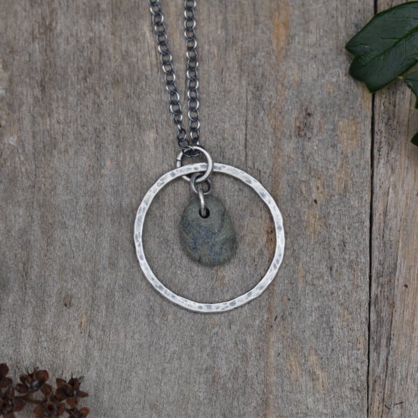 Pebble and Recycled Sterling Silver Necklace, Pendant, Stone Necklace