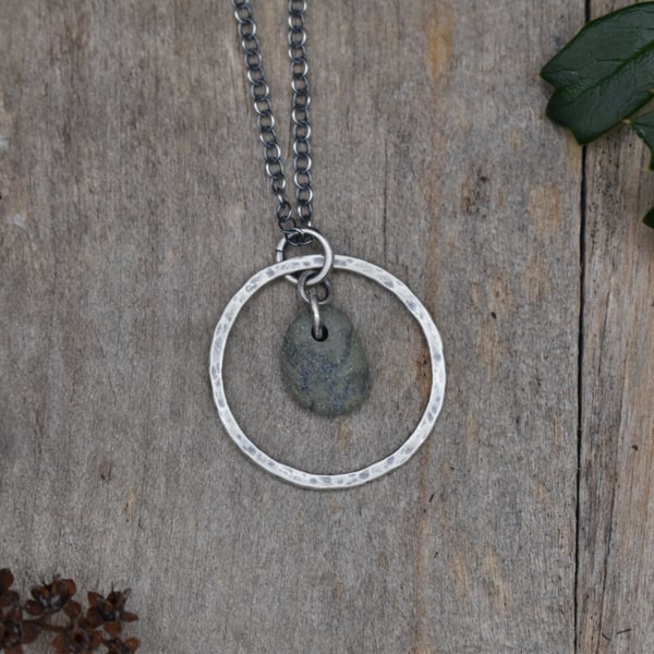 Pebble and Recycled Sterling Silver Necklace, Pendant, Stone Necklace