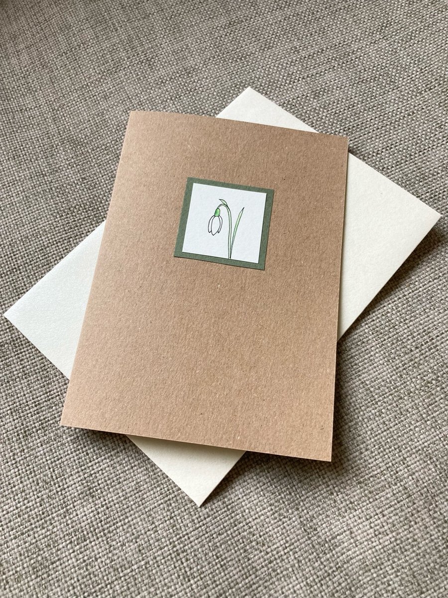 Hand-drawn snowdrop card, blank inside, garden flower