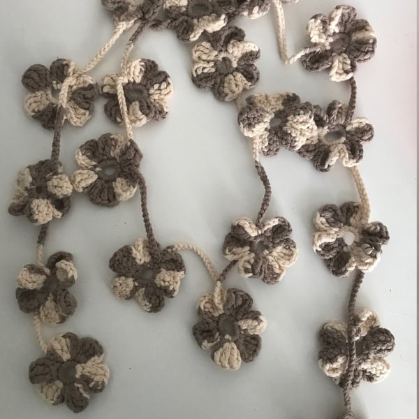 Crochet Scarf, Flower Necklace Scarf, Handmade Scarf, Crochet Lariat Scarf, Brow