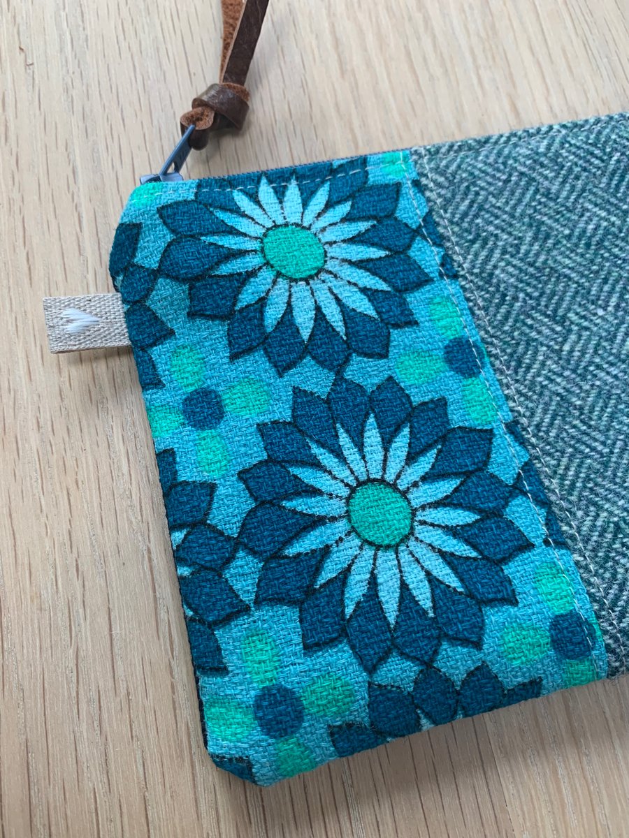 Barkcloth, tweed and denim pouch