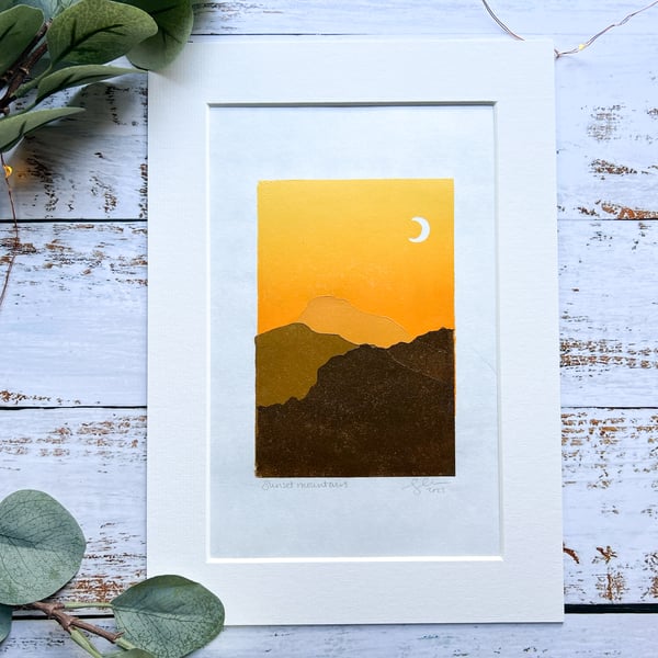 Sunset mountains lino print