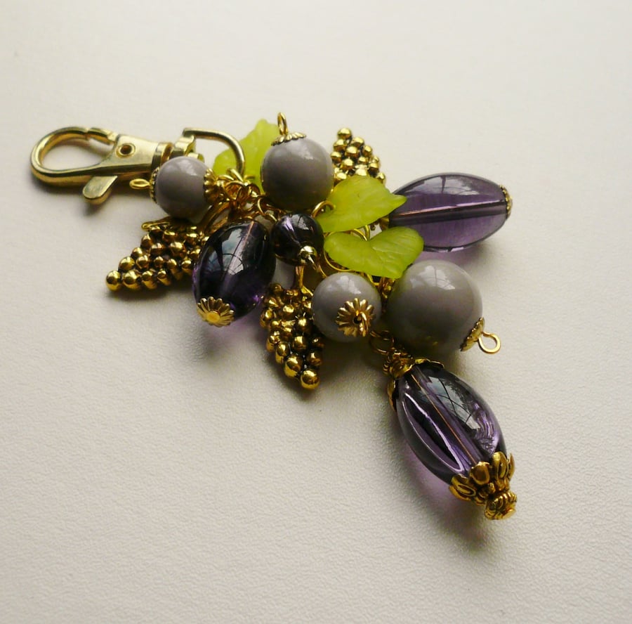 Purple, Green Beaded Gold Plate Grape Bunch Handbag Charm   KCJ1227