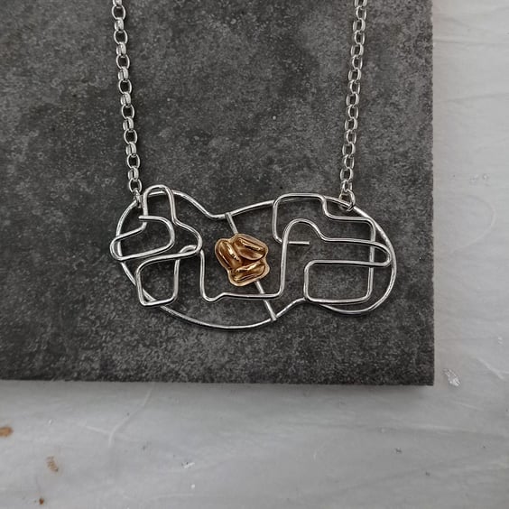 14ct filled gold & shaped sterling silver wire necklace - unusual jewellery 