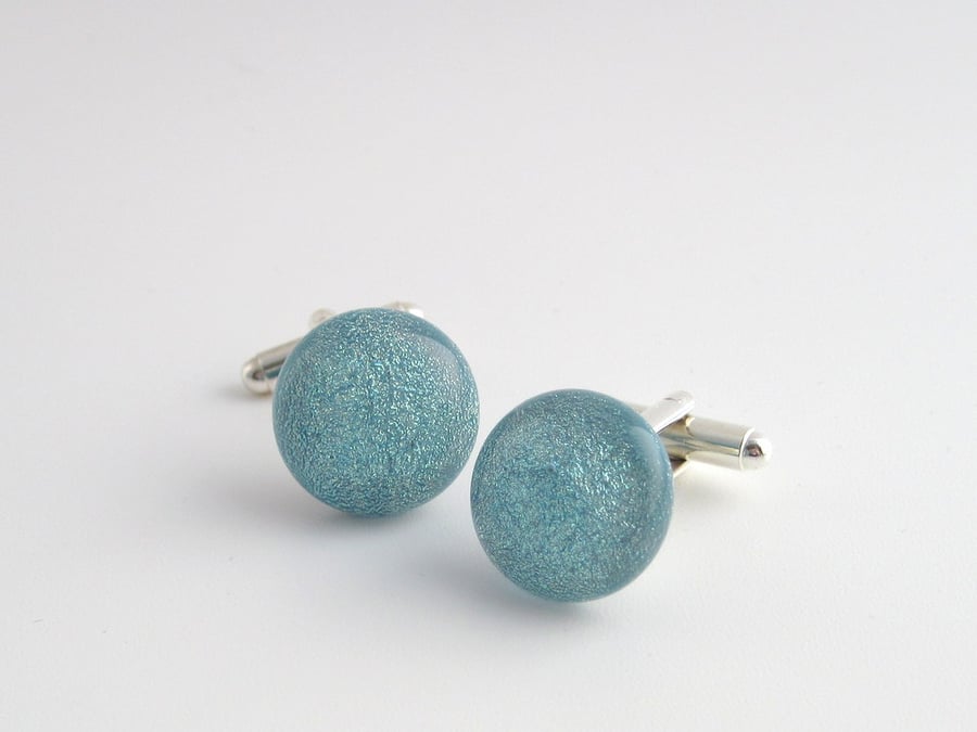  Cufflinks, sparkly pale blue fused glass cuff links