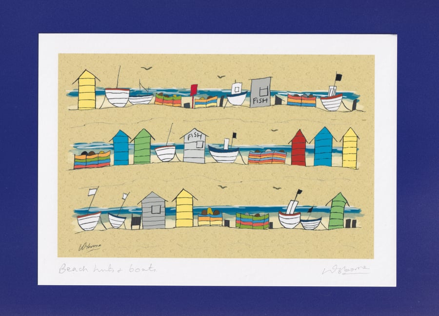 Beach huts and boats - A5 coastal art print