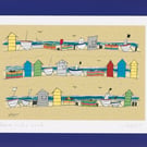 Beach huts and boats - A5 coastal art print
