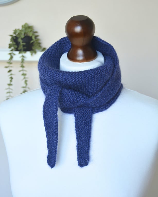 Knitted Scarf Small Triangle Scarflette Harmony Scarf Merino Silk Bright Navy
