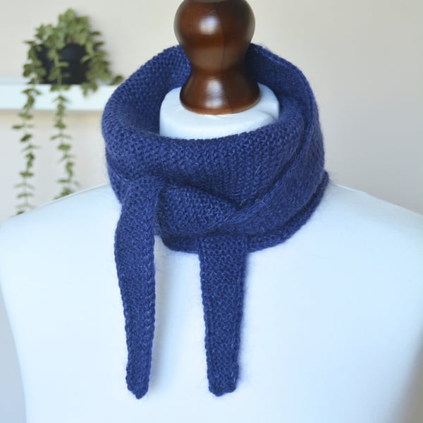 Knitted Scarf Small Triangle Scarflette Harmony Scarf Merino Silk Bright Navy