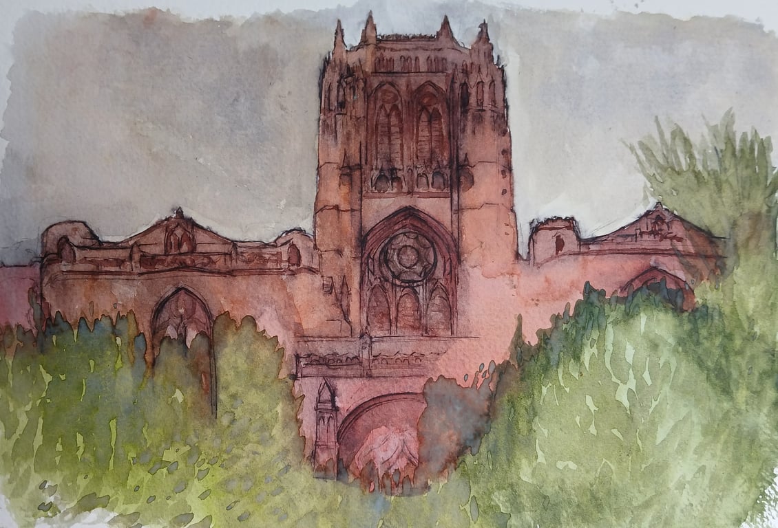 Liverpool's Anglican Cathedral on a miserable day A4 original watercolour