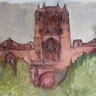 Liverpool's Anglican Cathedral on a miserable day A4 original watercolour
