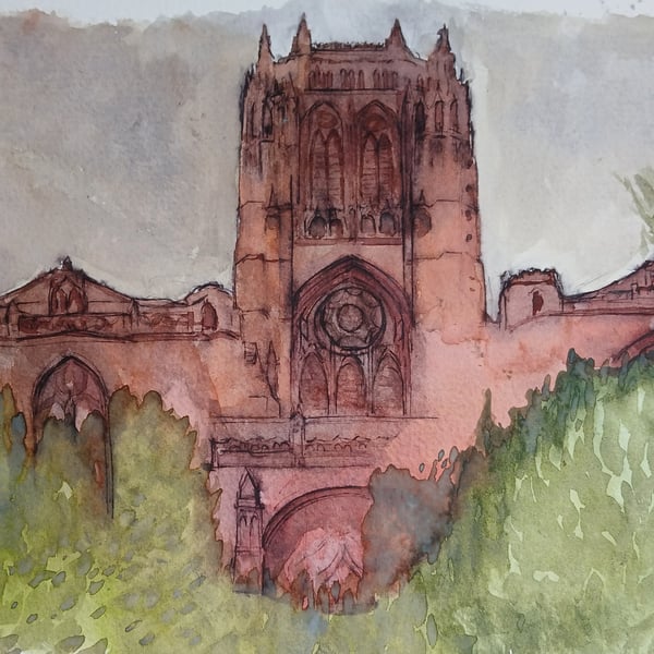 Liverpool's Anglican Cathedral on a miserable day A4 original watercolour