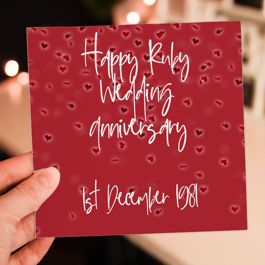 Ruby (40th) anniversary card: Personalised with date