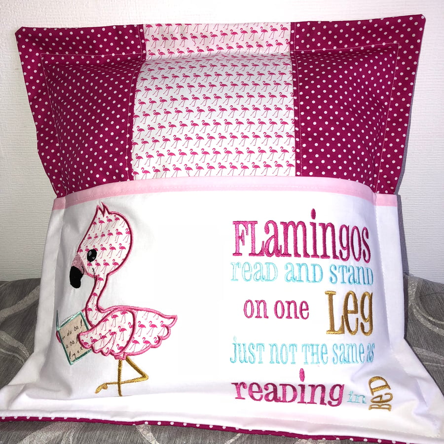 Flamingo Reading Book Cushion with front Pocket - Made to Order