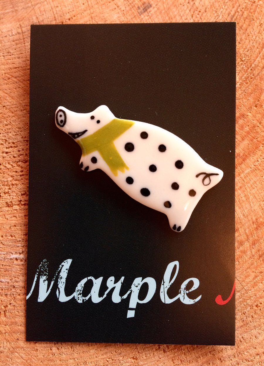 Spotty Pig Porcelain Badge.Ceramic brooch.Pig.Handmade in Wales,Uk