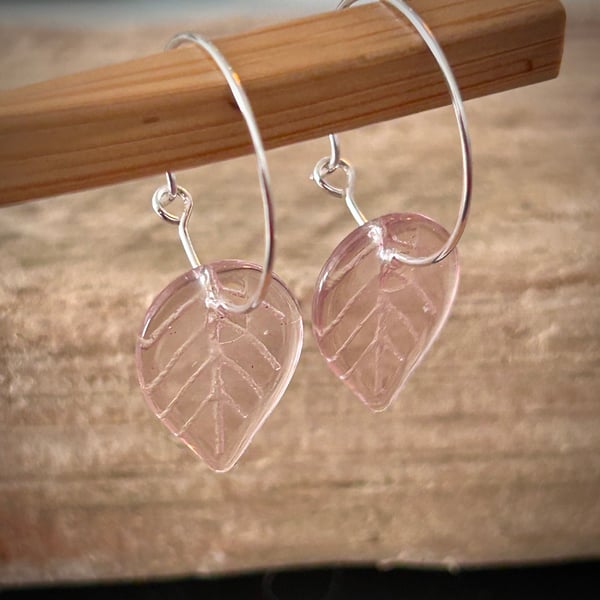 Silver Plated Hoop Earrings with Glass Leaf Bead