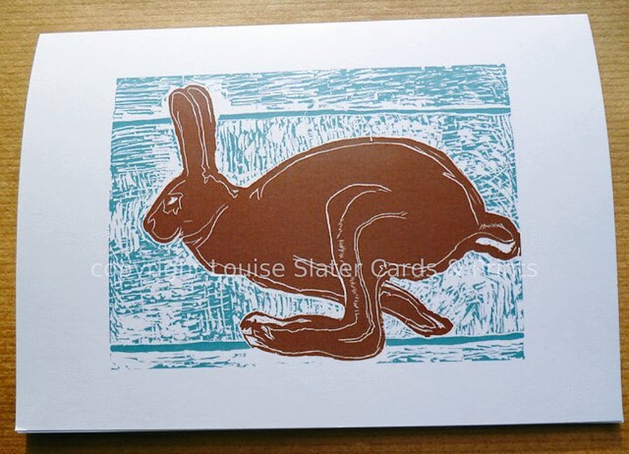 Running Hare Blue & Brown Greetings Card