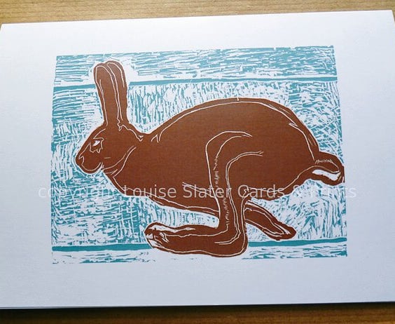 Running Hare Blue & Brown Greetings Card