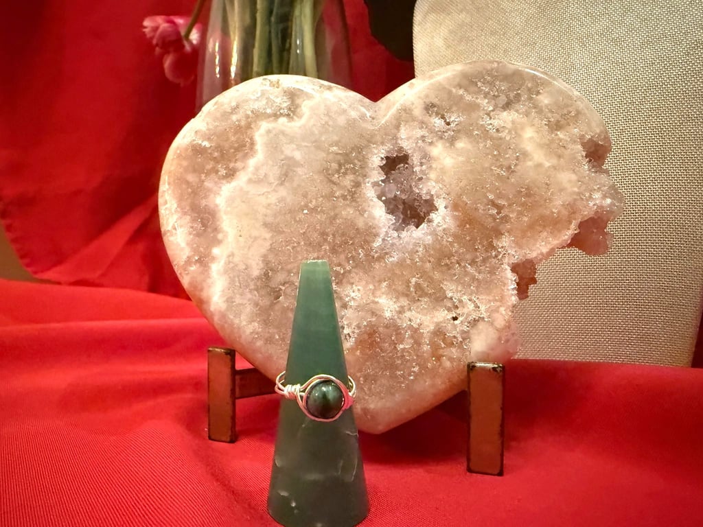 Wire-wrapped Silver-plated Moss Agate ring