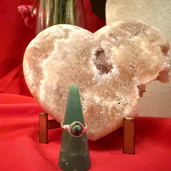 Wire-wrapped Silver-plated Moss Agate ring