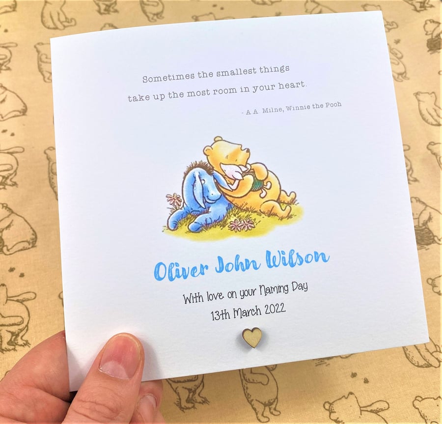 Personalised Winnie the Pooh Card Christening Baptism Naming Day - Blue